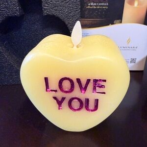 Yellow Heart Candle with Pink Inscription